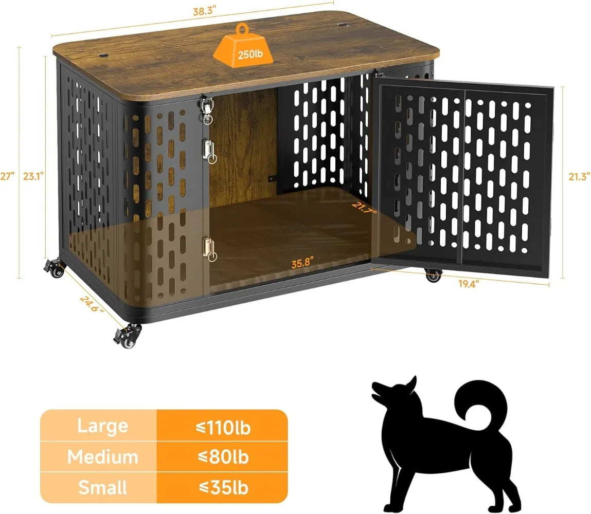 Heavy Duty Wood Dog Crate with Cushion Flip Top & Wheels Escape Proof Pet Cage for High Anxiety Dogs Furniture Style