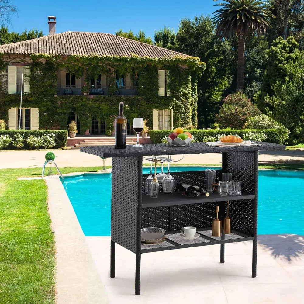 Outdoor Patio Wicker Bar Counter Table with Steel Shelves