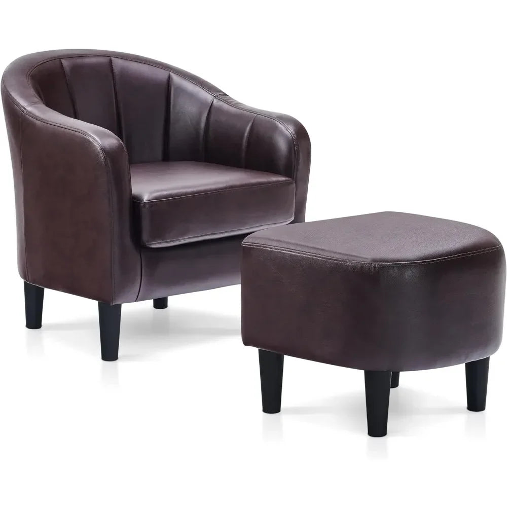 Accent Chair with Ottoman, Faux Leather Barrel Armchair