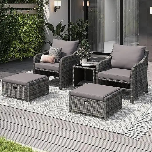 5 Piece Balcony Furniture, All Weather PE Wicker Rattan Patio Furniture Set, Cushioned Patio Chairs Set of 2 w/Ottoman & Table,