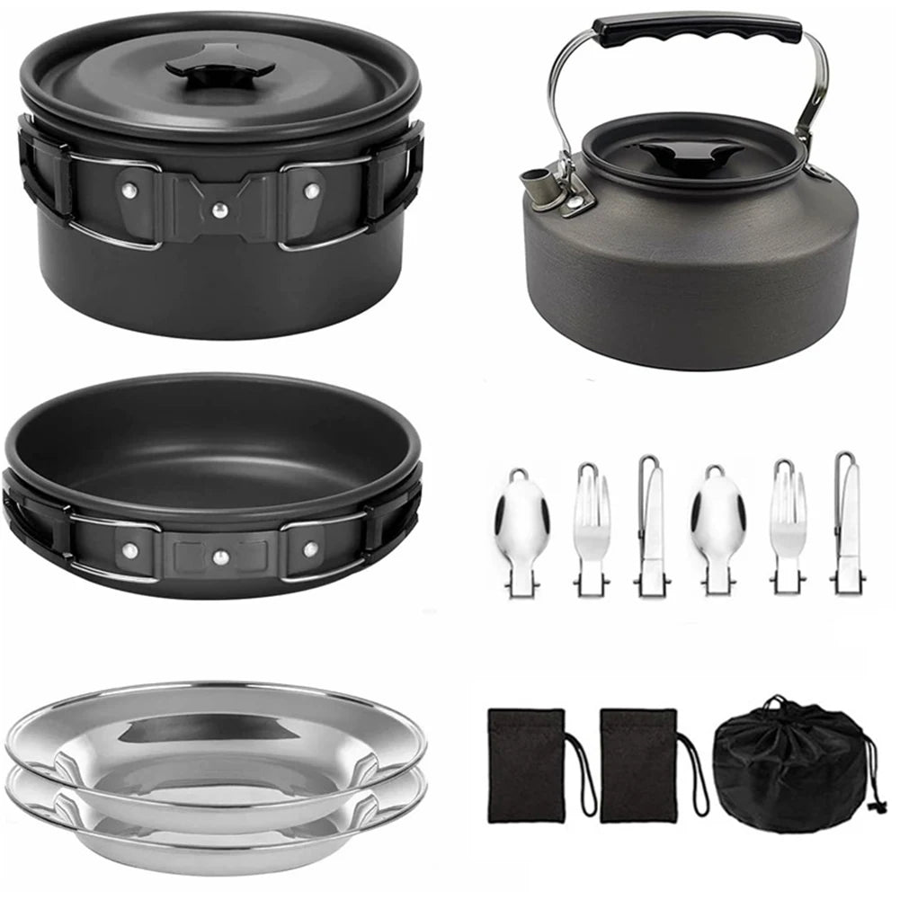 Camping Pot and Pan Set Foldable Spoon/Fork/Knife Outdoor Tableware Equipment Serves for 2-3 Person for Hiking Picnic
