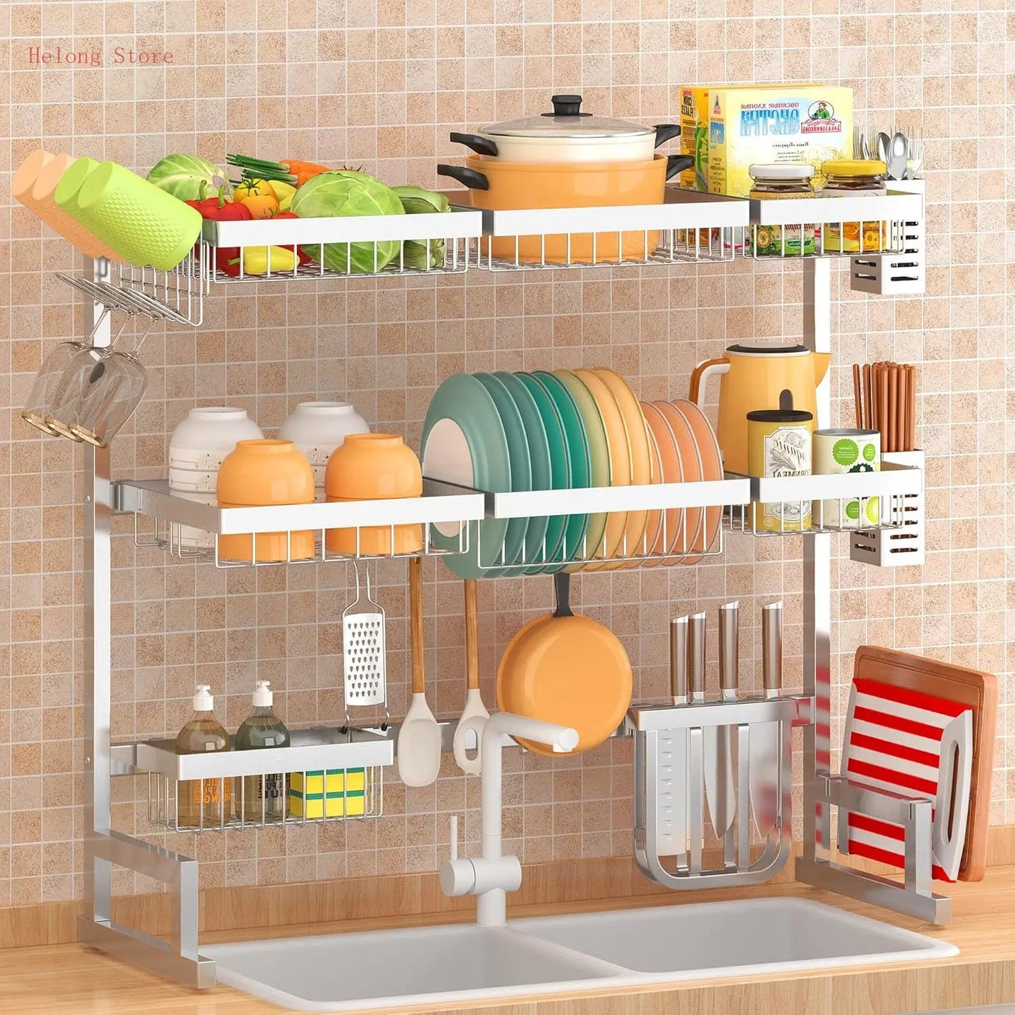 Over Sink Dish Drying Rack Stainless Steel, Adjustable Large Dish Drainer for Storage Kitchen Organization Silver 3 Tier