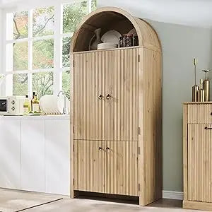 71" Tall Arched Kitchen Pantry Modern Fluted Wood Storage Cabinet with 3 Adjustable Shelves 6 Door Shelves Organizer - Natural