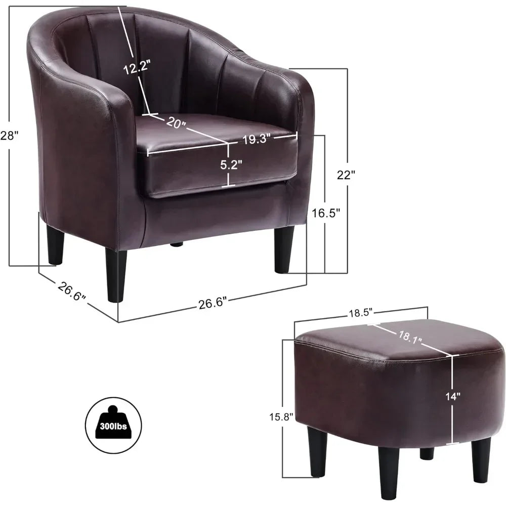 Accent Chair with Ottoman, Faux Leather Barrel Armchair