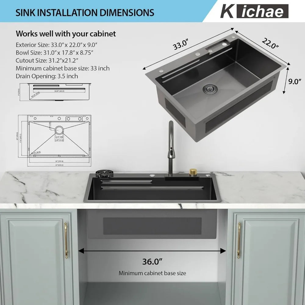 33 Black Kitchen Sink Drop In Waterfall 33x22 Stainless Steel