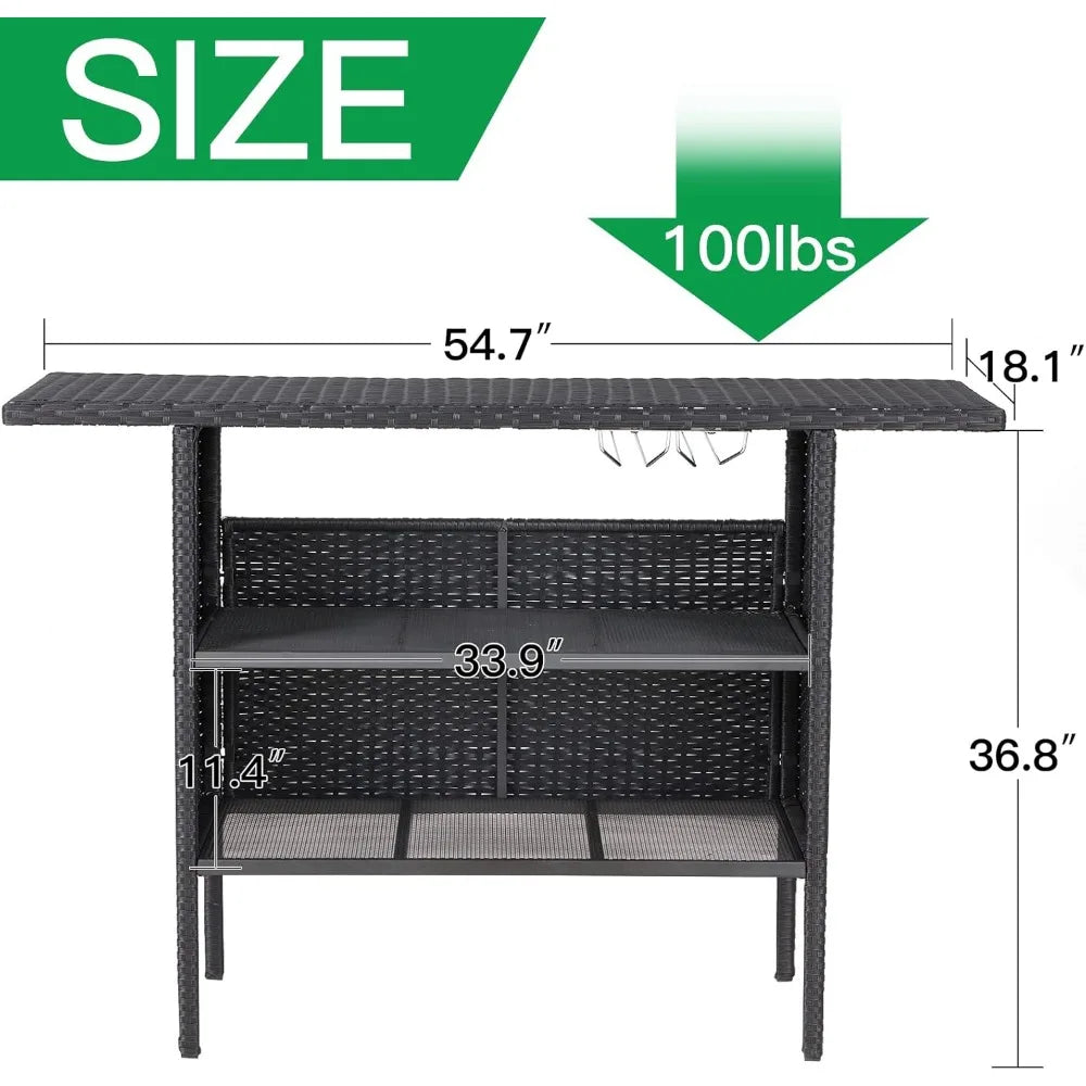 Outdoor Patio Wicker Bar Counter Table with Steel Shelves
