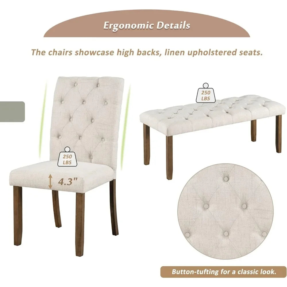 6 Piece Kitchen Dining Table Set, 72 inch Wooden Rectangular Table with 4 Upholstered Chairs and a Bench.