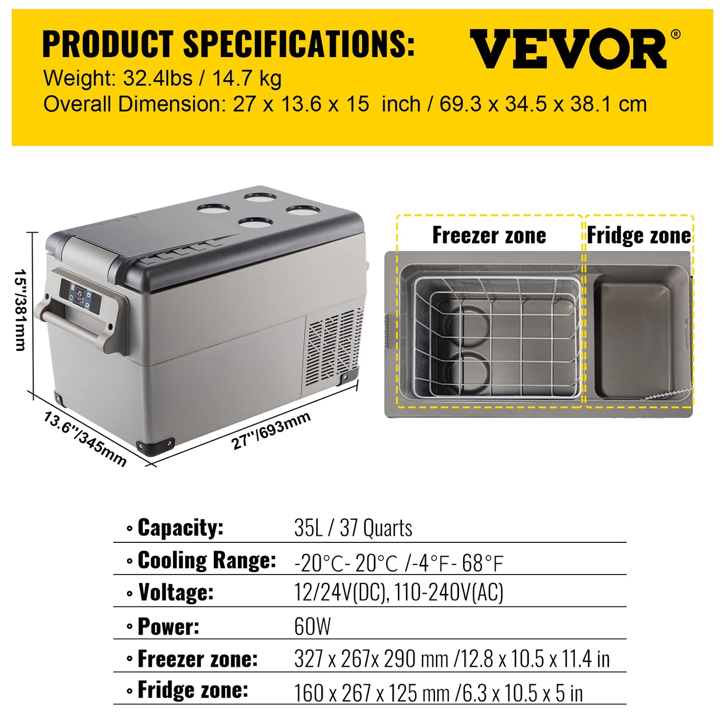 Vevor Portable Car Refrigerator Mini Fridge Freezer 20L 22L 35L 45L 55L Compressor Cooler 12V 24V DC Ice Box for Camping