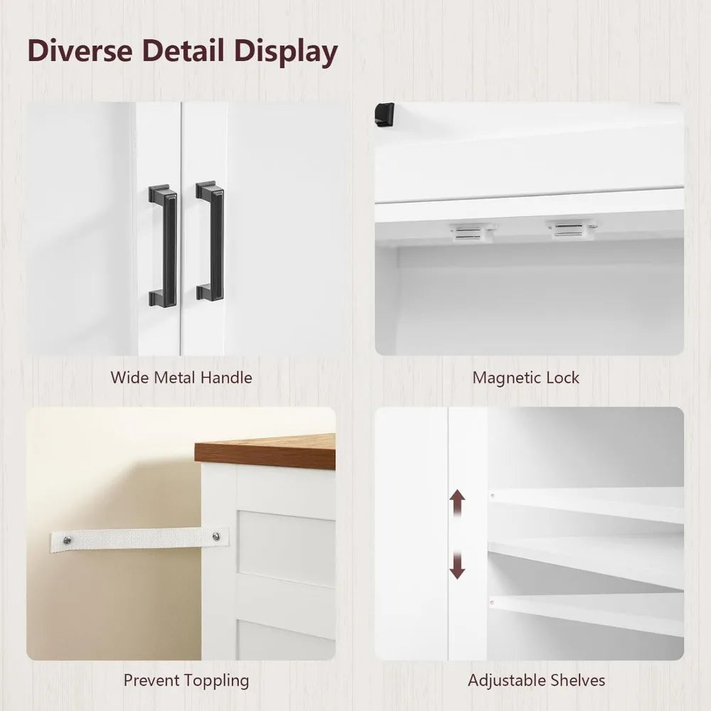 Large 63" Farmhouse Style Buffet Cabinet with 2 Adjustable Shelves and 4 Doors for Storage and Coffee Bar