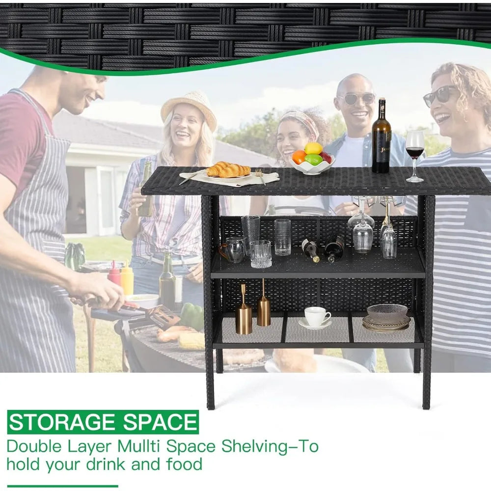 Outdoor Patio Wicker Bar Counter Table with Steel Shelves