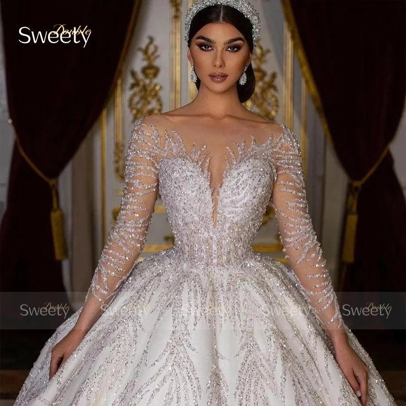 Glitter Fully Beaded Wedding Dress With Organza Ball Gown Full Sleeve O-Neck Bride Dress Lace Up Vestido De Novia Customized