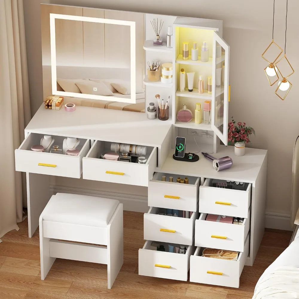 51.8 Inch Makeup Vanity Desk with Mirror and Lights White Vanity Table with RGB Cabinets Eight Drawers Power Outlet Large Dresser