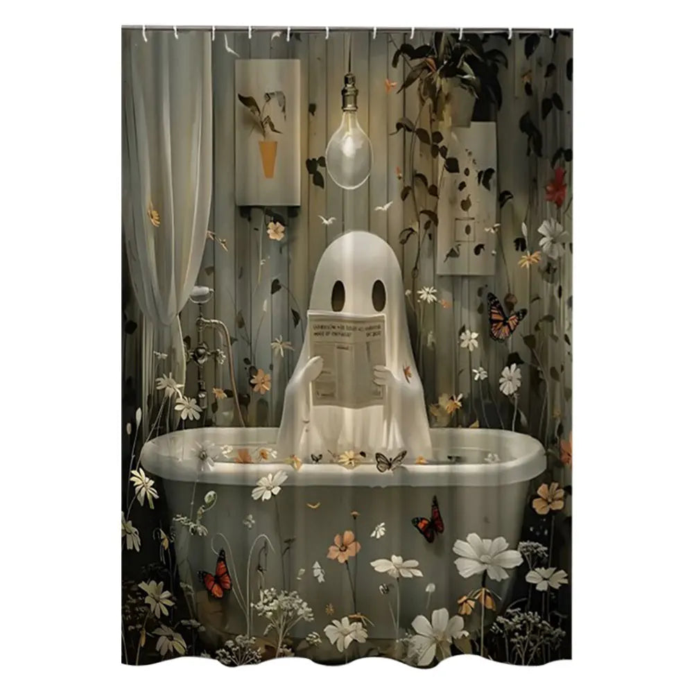 Cute Cartoon Ghost Shower Curtain Set Halloween Bathroom Curtain Washable Spooky Bathroom Curtain with Hooks for Bathroom Decor