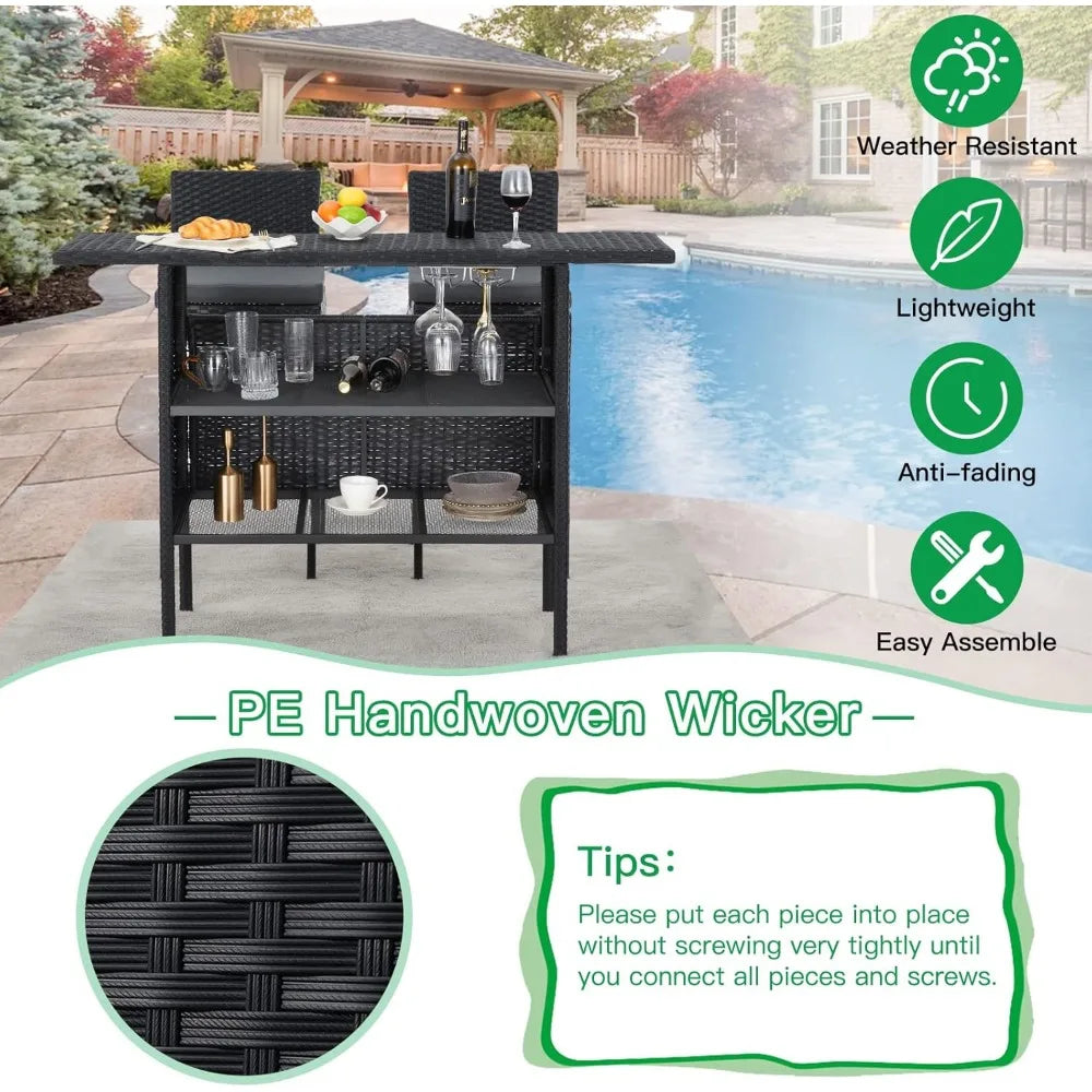 Outdoor Patio Wicker Bar Counter Table with Steel Shelves
