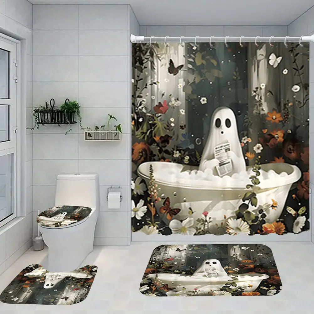 Cute Cartoon Ghost Shower Curtain Set Halloween Bathroom Curtain Washable Spooky Bathroom Curtain with Hooks for Bathroom Decor