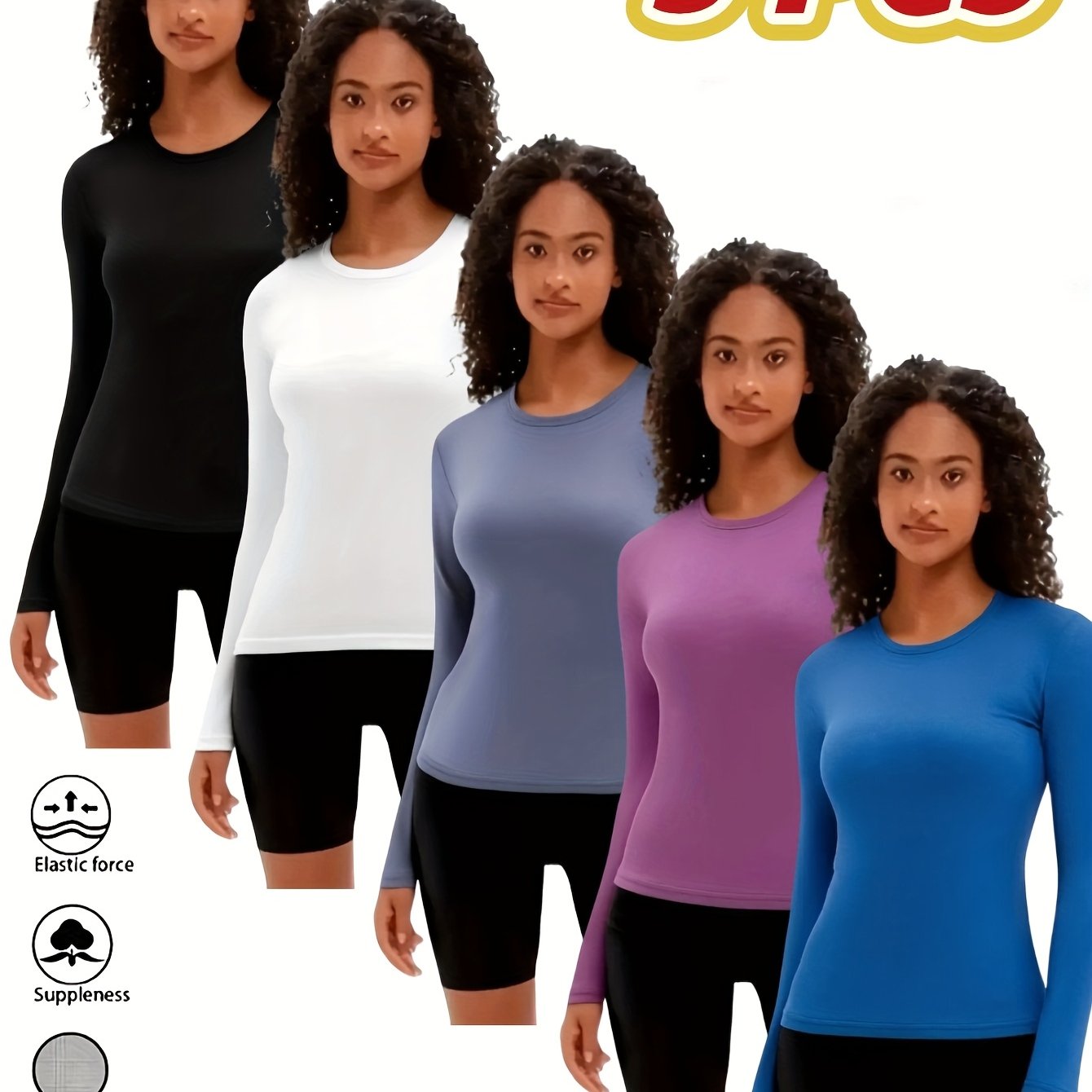 5pcs Women'S Long Sleeve T-Shirts - 100%, V-Neck, Medium Stretch, Moisture-Wicking & Breathable, Five Color Options For, Outdoor - Fall/Winter Collection, Shirts, Wear, Solid Color Top, Breathable Fabric