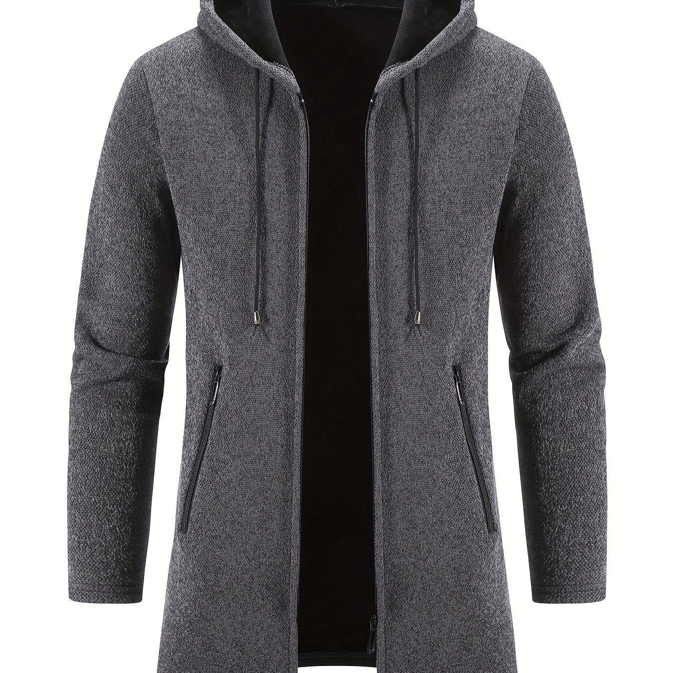 Men'S Fleece-Like Warmth Hooded Cardigan Jacket - Mid-Length Zipper Front Windbreaker Coat with Full-Zip Closure, Loose Fit Long Sleeve Winter Outerwear, Polyester Shell & Pockets for Casual & Semi-Formal Outfits (Autumn/Wint