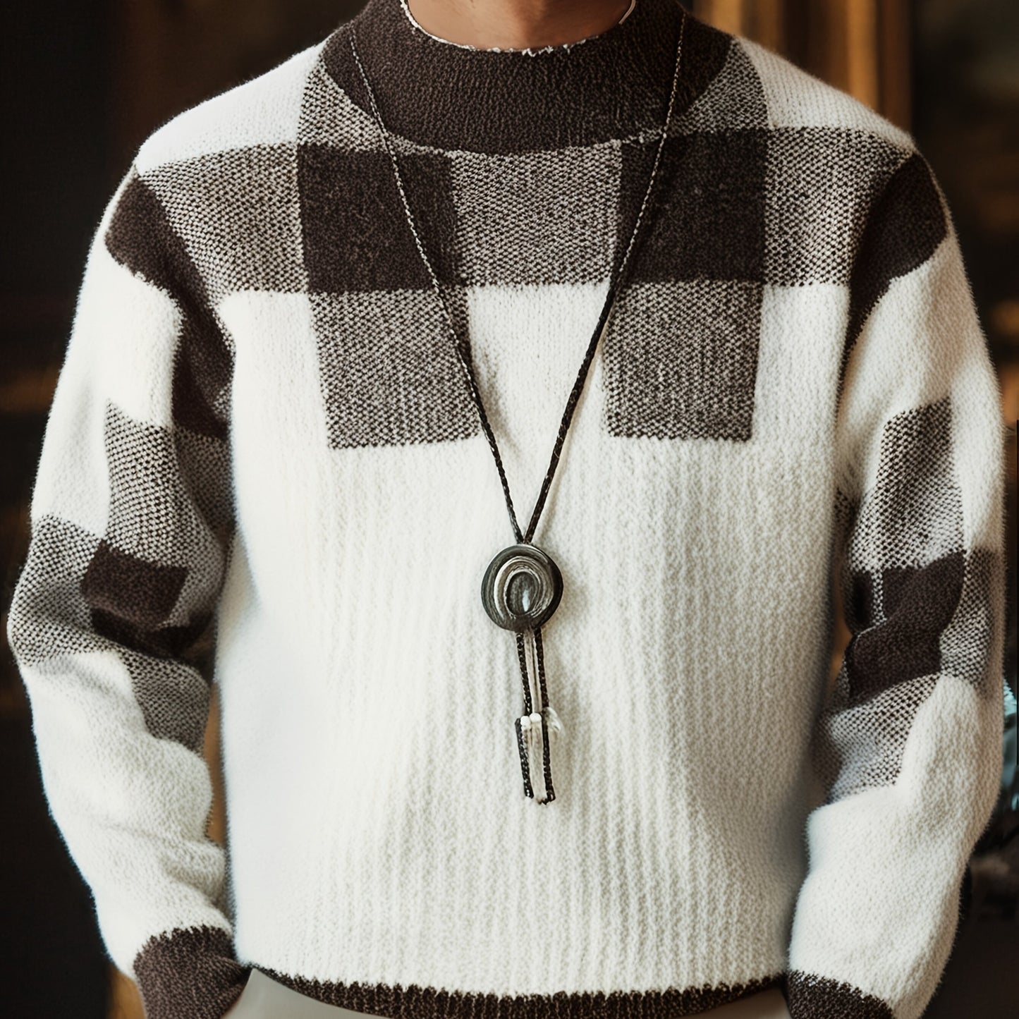 Men's Slim Fit Winter Warm Plaid Sweater - Thick Knit Round Neck Long Sleeve, Black White Gray Brown Beige Checkered Pattern, Casual to Formal Outfits, Durable Cozy Sweater for Men, Trendy Layering Piece with Color-Blocked De