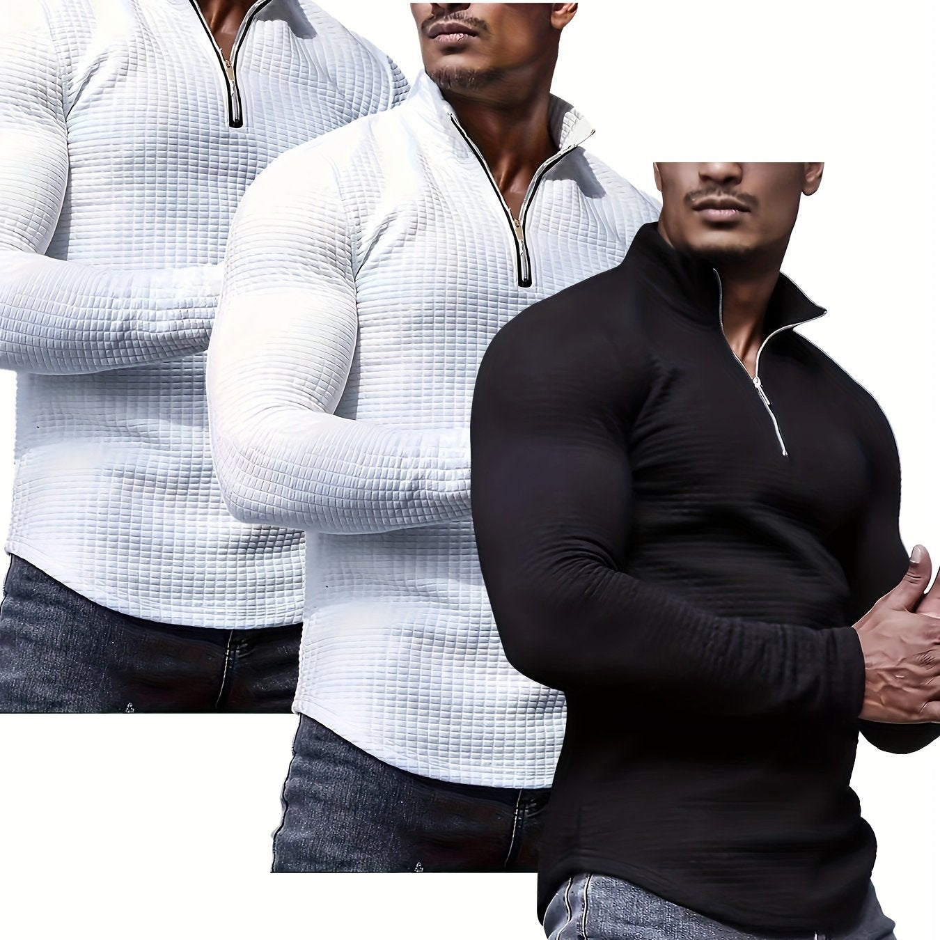 3pcs Men's Waffle Knit Zip-Up Collar Sweatshirts - Solid Color, Stretch Fabric, Machine Washable for Spring, Fall, and Winter