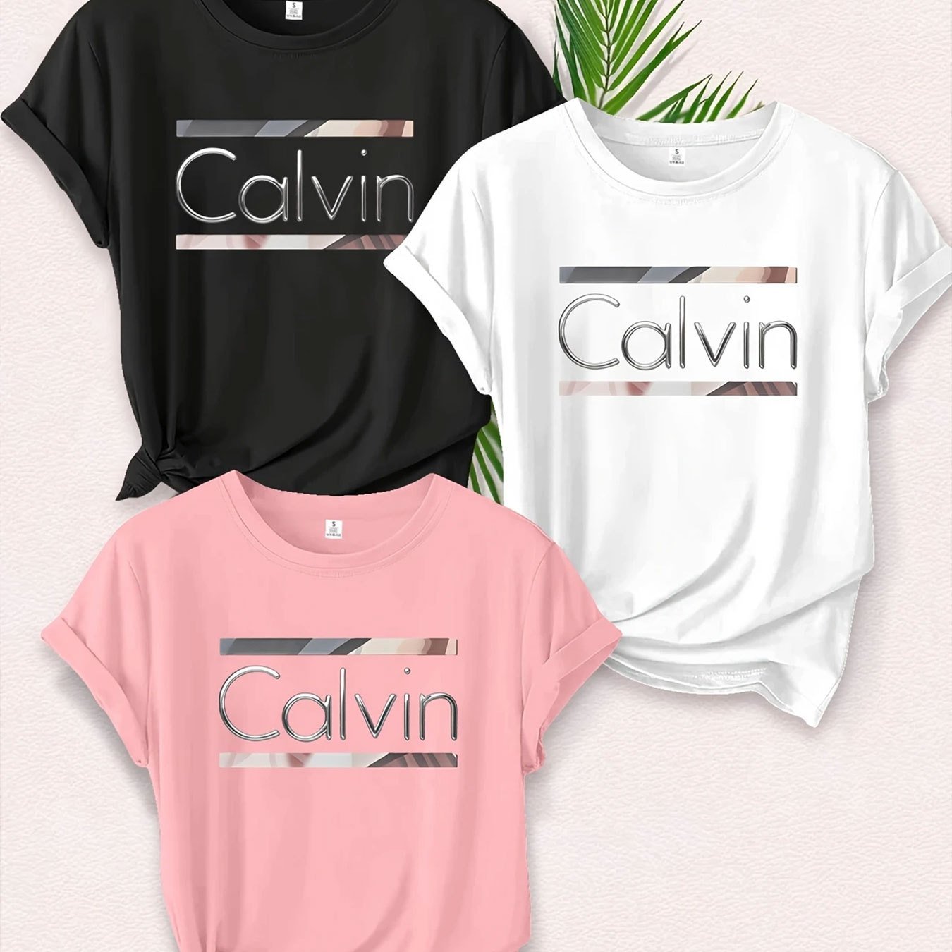 3pcs Women'S T-Shirts - Soft, Breathable, Casual Crew Neck Short Sleeve Tees with "Calvin" Print in Black, White, and Pink - Perfect for Spring/Summer, Available in Multiple Colors from Local Warehouse, Casual Wear | Minimali