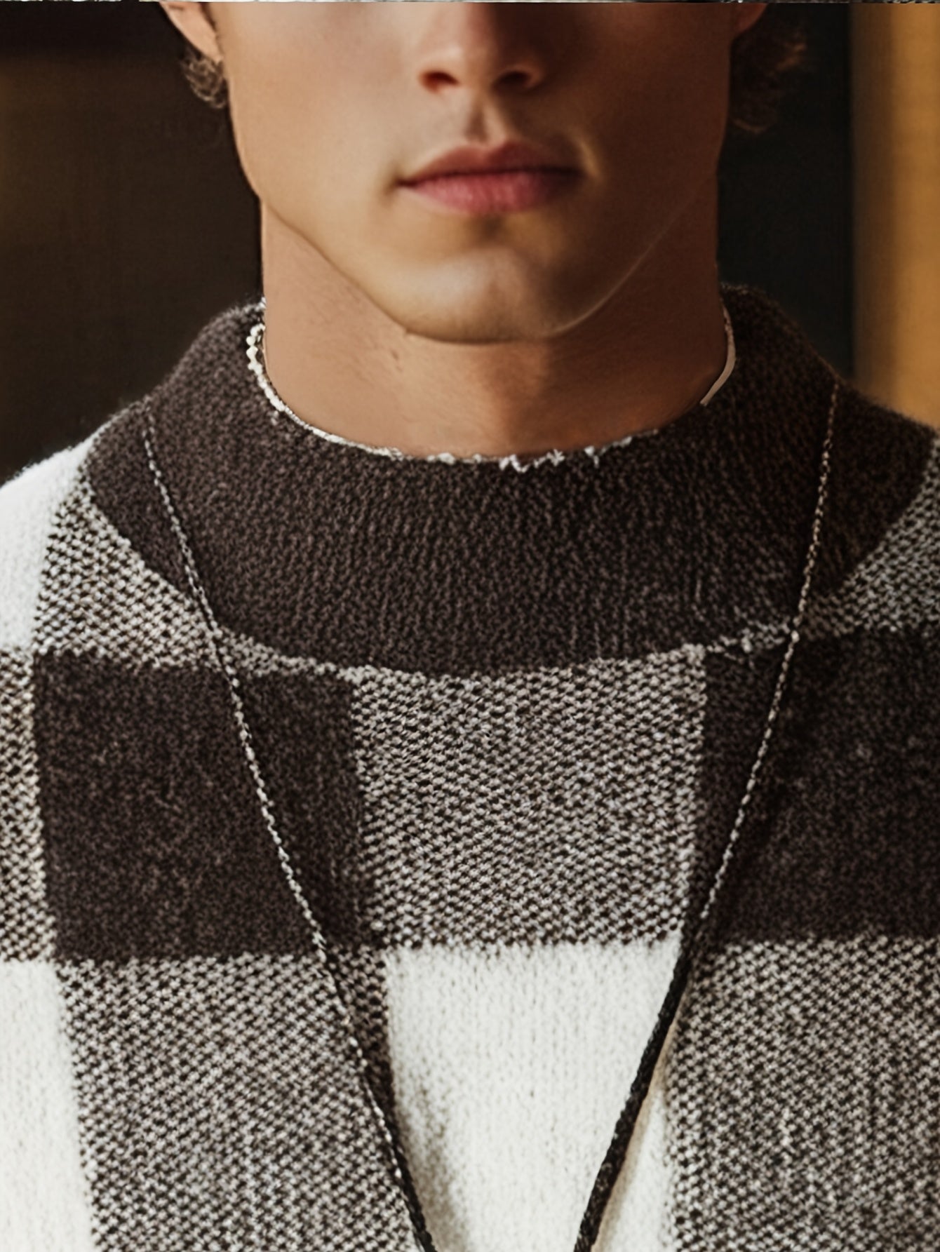 Men's Slim Fit Winter Warm Plaid Sweater - Thick Knit Round Neck Long Sleeve, Black White Gray Brown Beige Checkered Pattern, Casual to Formal Outfits, Durable Cozy Sweater for Men, Trendy Layering Piece with Color-Blocked De