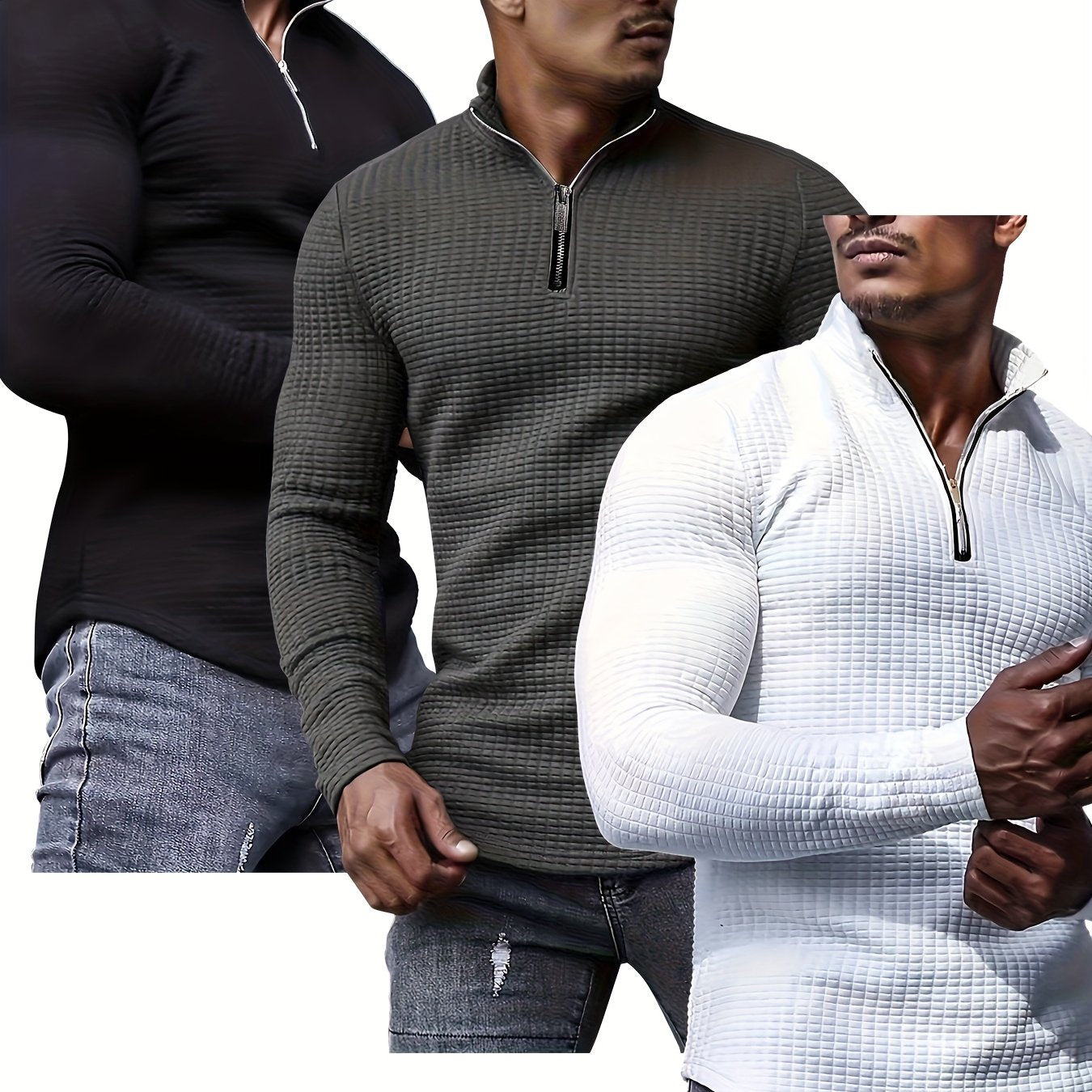 3pcs Men's Waffle Knit Zip-Up Collar Sweatshirts - Solid Color, Stretch Fabric, Machine Washable for Spring, Fall, and Winter