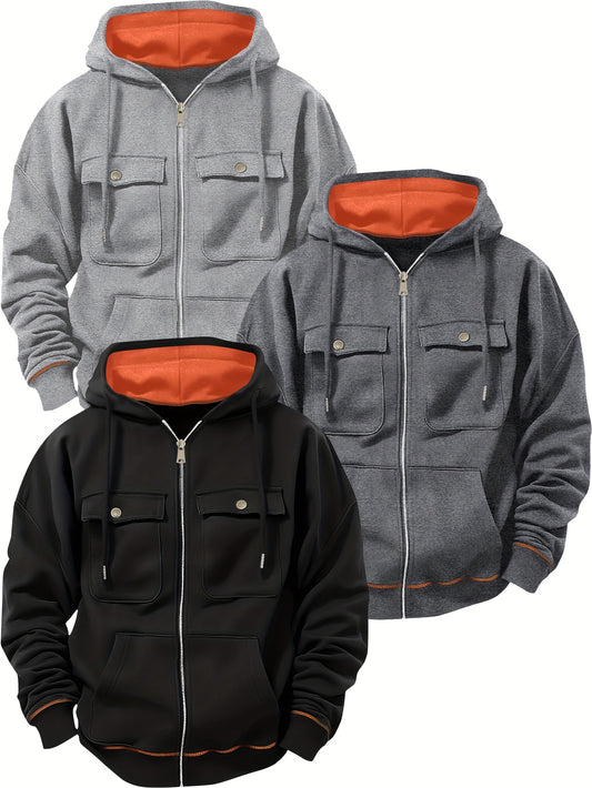 (Three-piece Set) Men's Fashion Classic Casual Trend Fitness Multi-pocket Hooded Drawstring Solid Color Zipper Cardigan Sweatshirt Three-piece Set