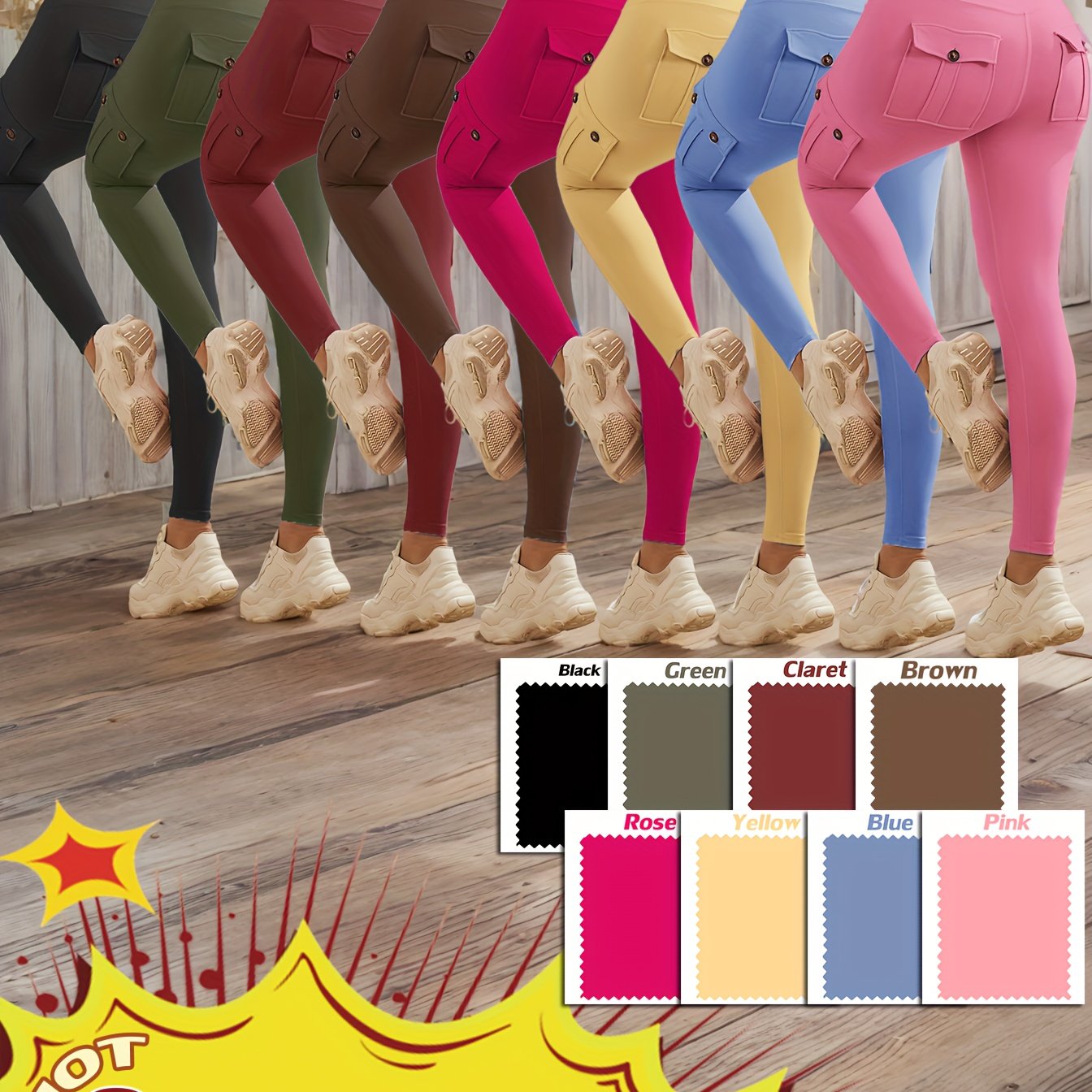 8-pack High Waist Yoga Leggings, 8pcs Leggings Set, 4 Way Stretch, Butt Lifting Tummy Control, 4 Button Pockets Workout Running Sports Pants