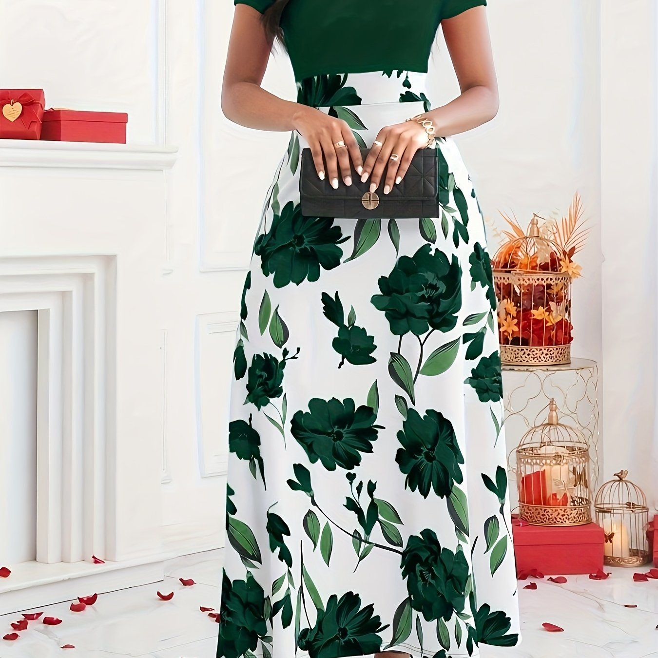 Elegant Women's Floral Print Maxi Dress - Short Sleeve Round Neck High-Waisted Black & Green Floral Pattern, Machine Washable Spring/Summer Formal Event Attire, Sophisticated Design, Floral Print Dress, Spring Summer Outfit,