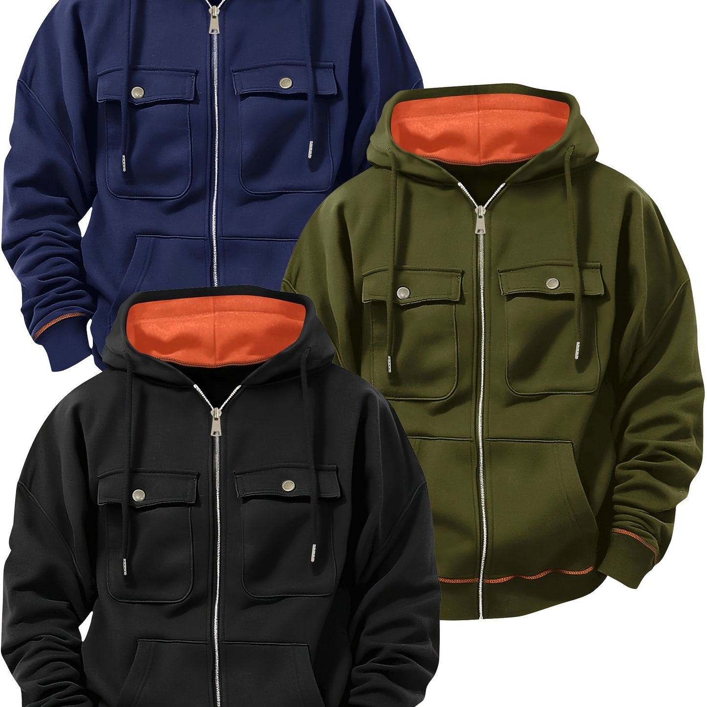 (Three-piece Set) Men's Fashion Classic Casual Trend Fitness Multi-pocket Hooded Drawstring Solid Color Zipper Cardigan Sweatshirt Three-piece Set