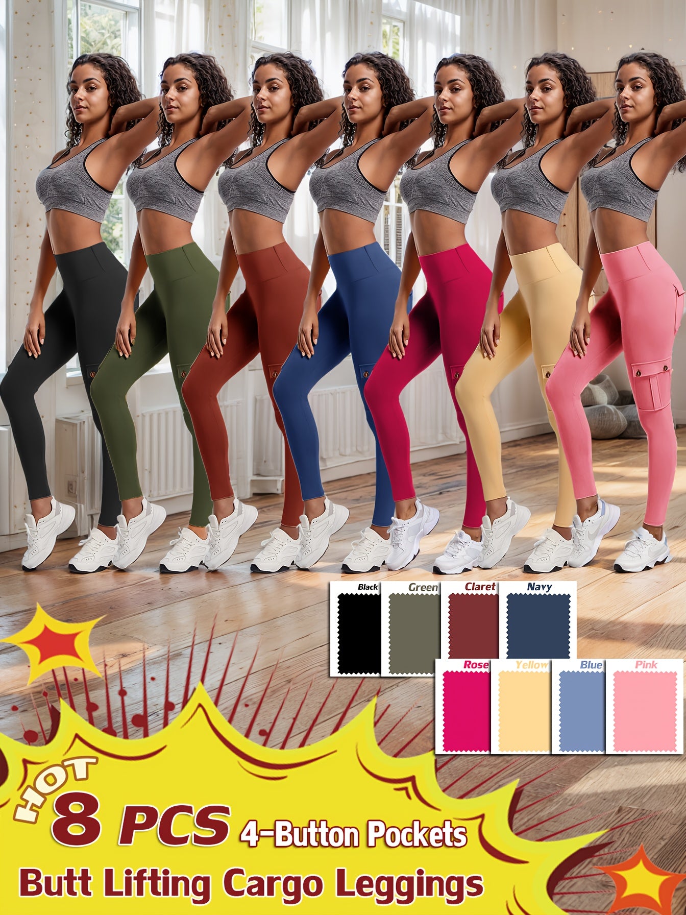8-pack High Waist Yoga Leggings, 8pcs Leggings Set, 4 Way Stretch, Butt Lifting Tummy Control, 4 Button Pockets Workout Running Sports Pants