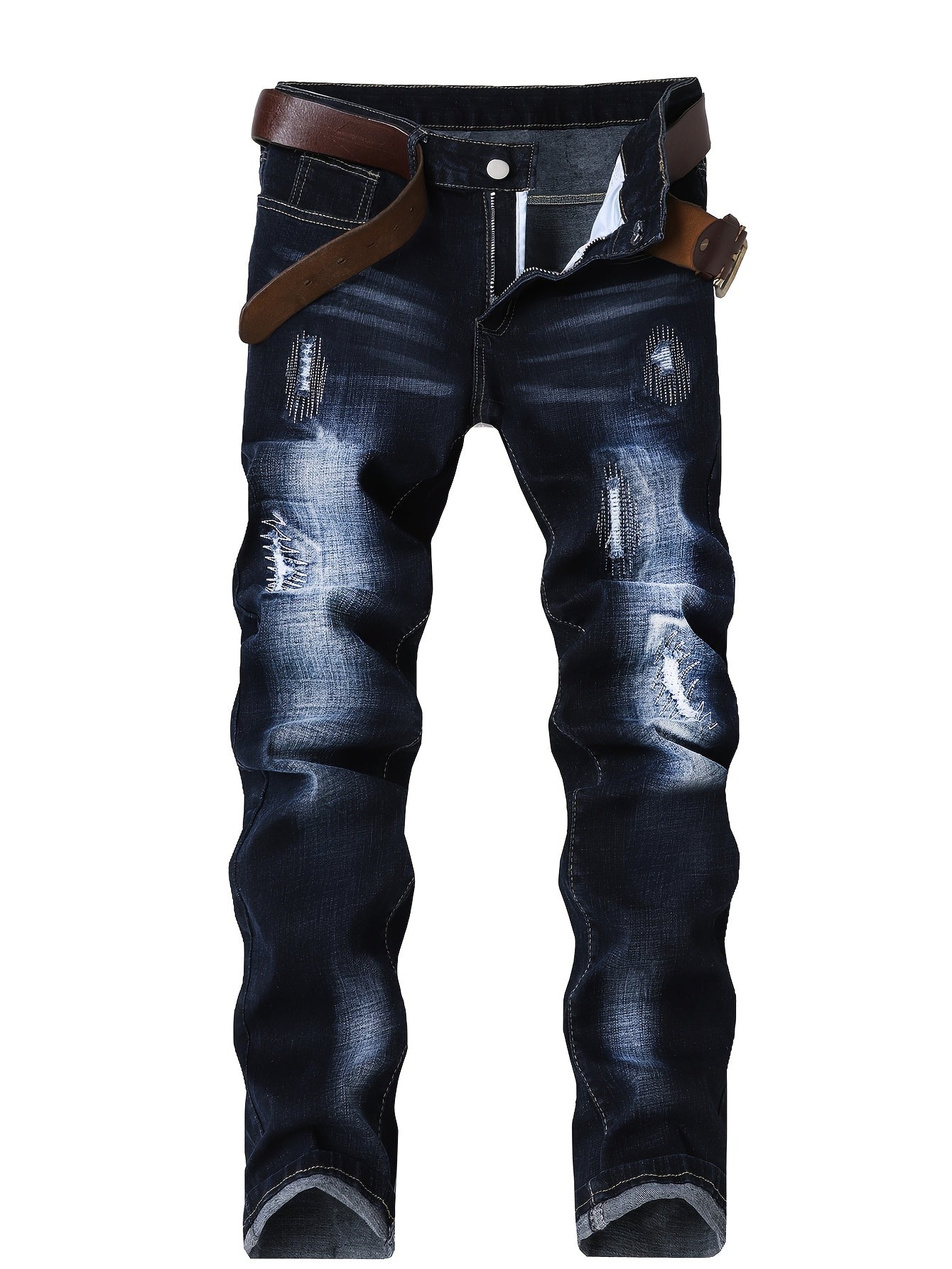 Mens Jeans with Elastic Distressed Embroidery, Slim Fit And Slimming Effect, Deep Blue Distressed Mens Clothes, Suitable for All Seasons