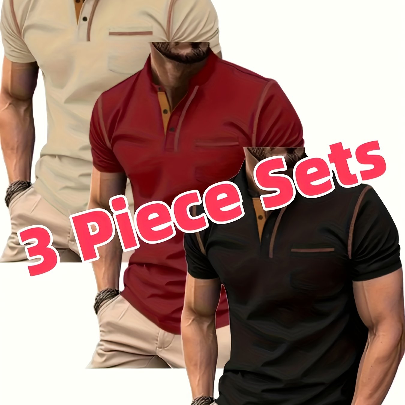 3pcs Men's Slim-Fit Golf & Tennis Shirts Breathable Stretchy Short Sleeve Contrast Collar All-Season Non-Sheer Sportswear Set