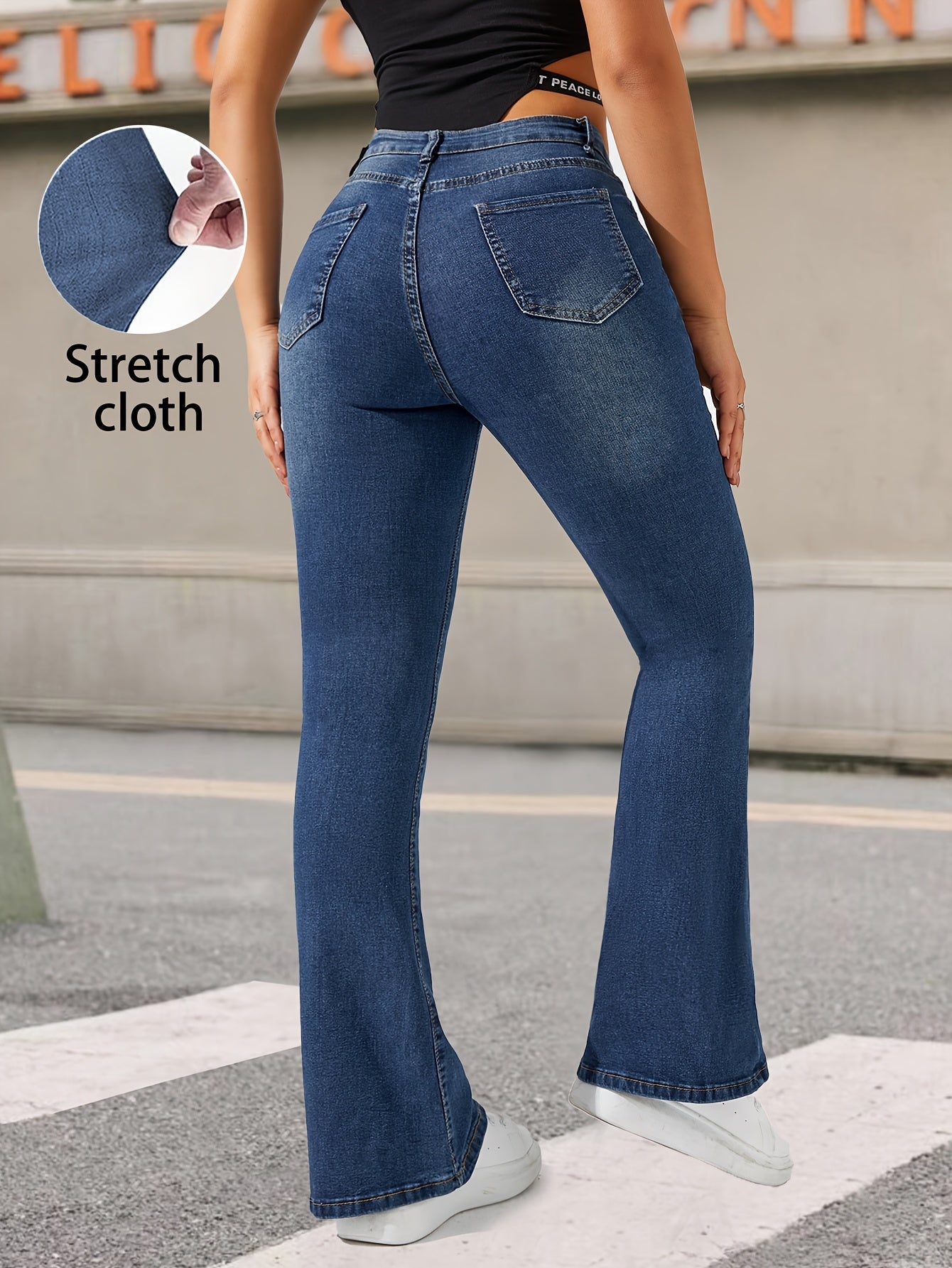 Fashionable And Versatile Blue High-Waisted Stretchy Flared Pants for Women with Cat Whiskers Design.