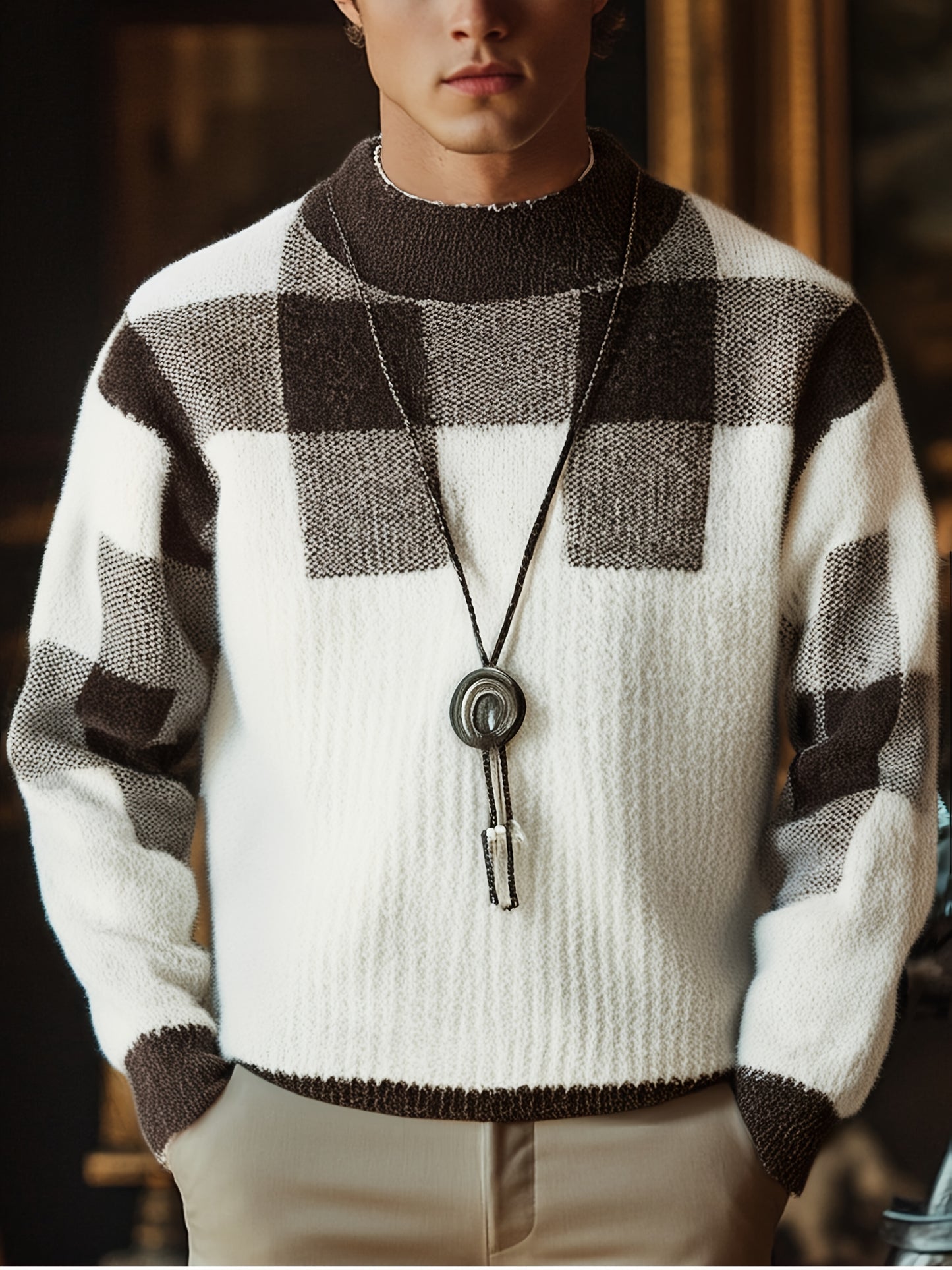 Men's Slim Fit Winter Warm Plaid Sweater - Thick Knit Round Neck Long Sleeve, Black White Gray Brown Beige Checkered Pattern, Casual to Formal Outfits, Durable Cozy Sweater for Men, Trendy Layering Piece with Color-Blocked De