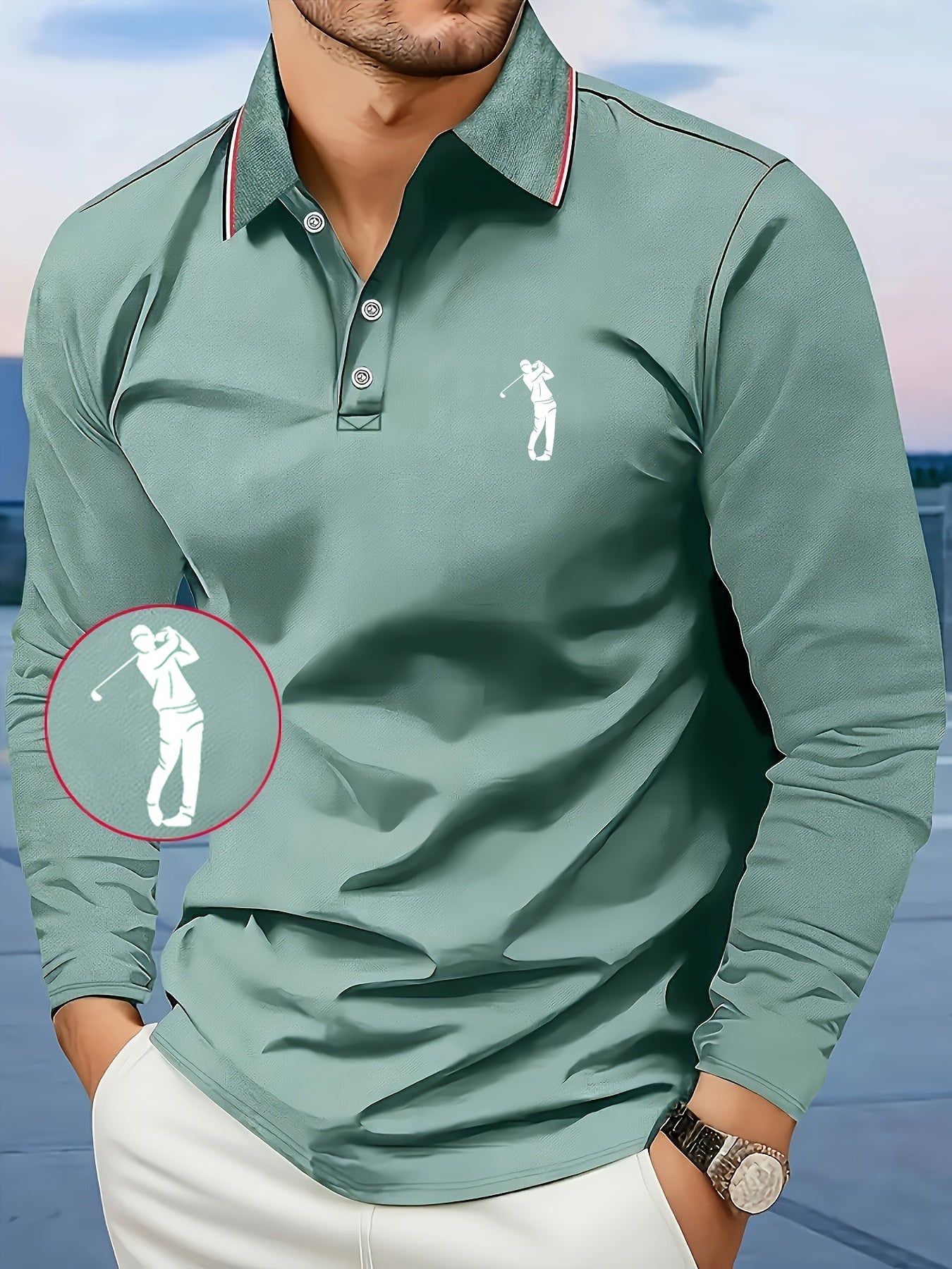 Men's -Inspired Long Sleeve Dress Shirt - Bright Blue with White Player Print & Red/White Striped Collar, Breathable Slim Fit, Machine Washable, All-Season Casual & Semi-Formal Wear with Swing Button Placket - Ideal for Outin