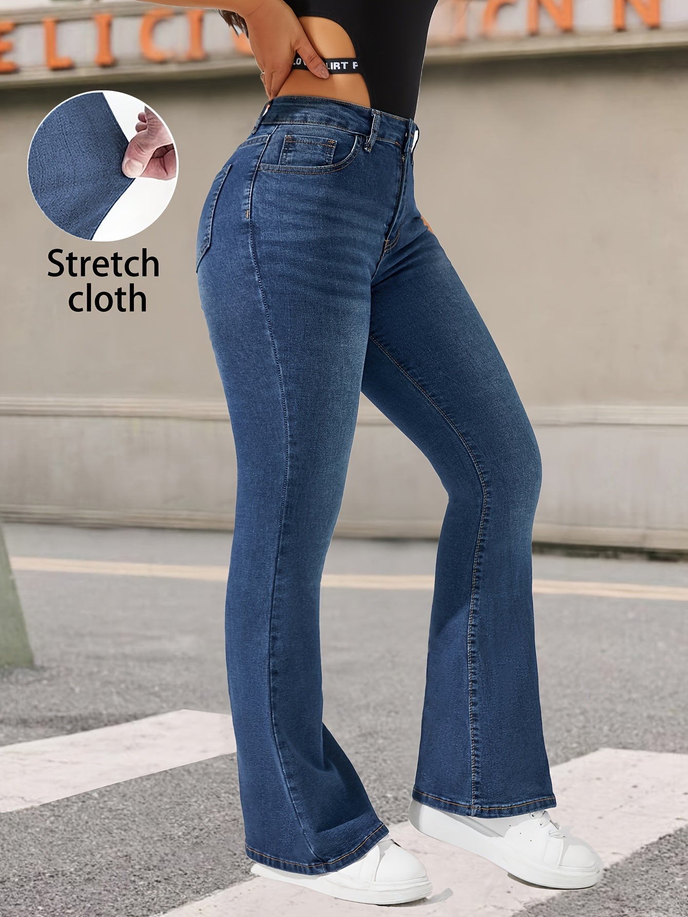 Fashionable And Versatile Blue High-Waisted Stretchy Flared Pants for Women with Cat Whiskers Design.