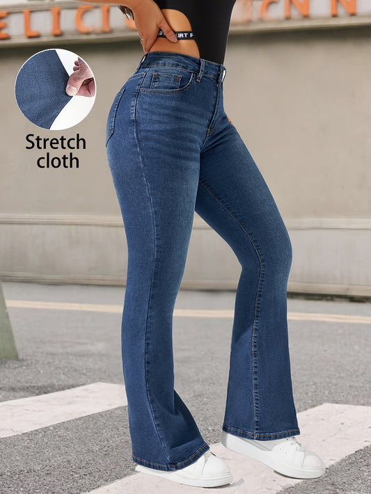 Fashionable And Versatile Blue High-Waisted Stretchy Flared Pants for Women with Cat Whiskers Design.