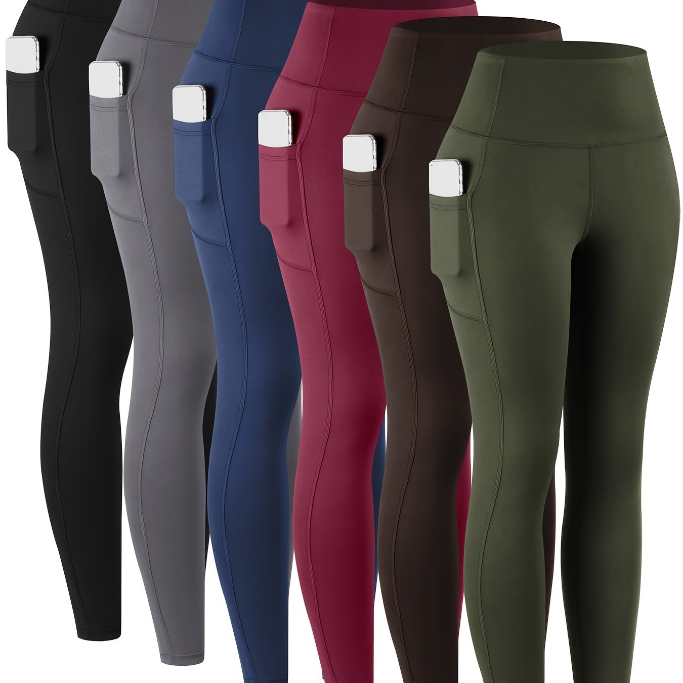 6pcs Women's High-Waisted Leggings - Non-See-Through Pants with Side Pockets, Stretchy All-Season & Casual Pants, Machine Washable Everyday Pants for Women, Leggings for Women, Leggings with Pockets, Womens Leggings, Women Le