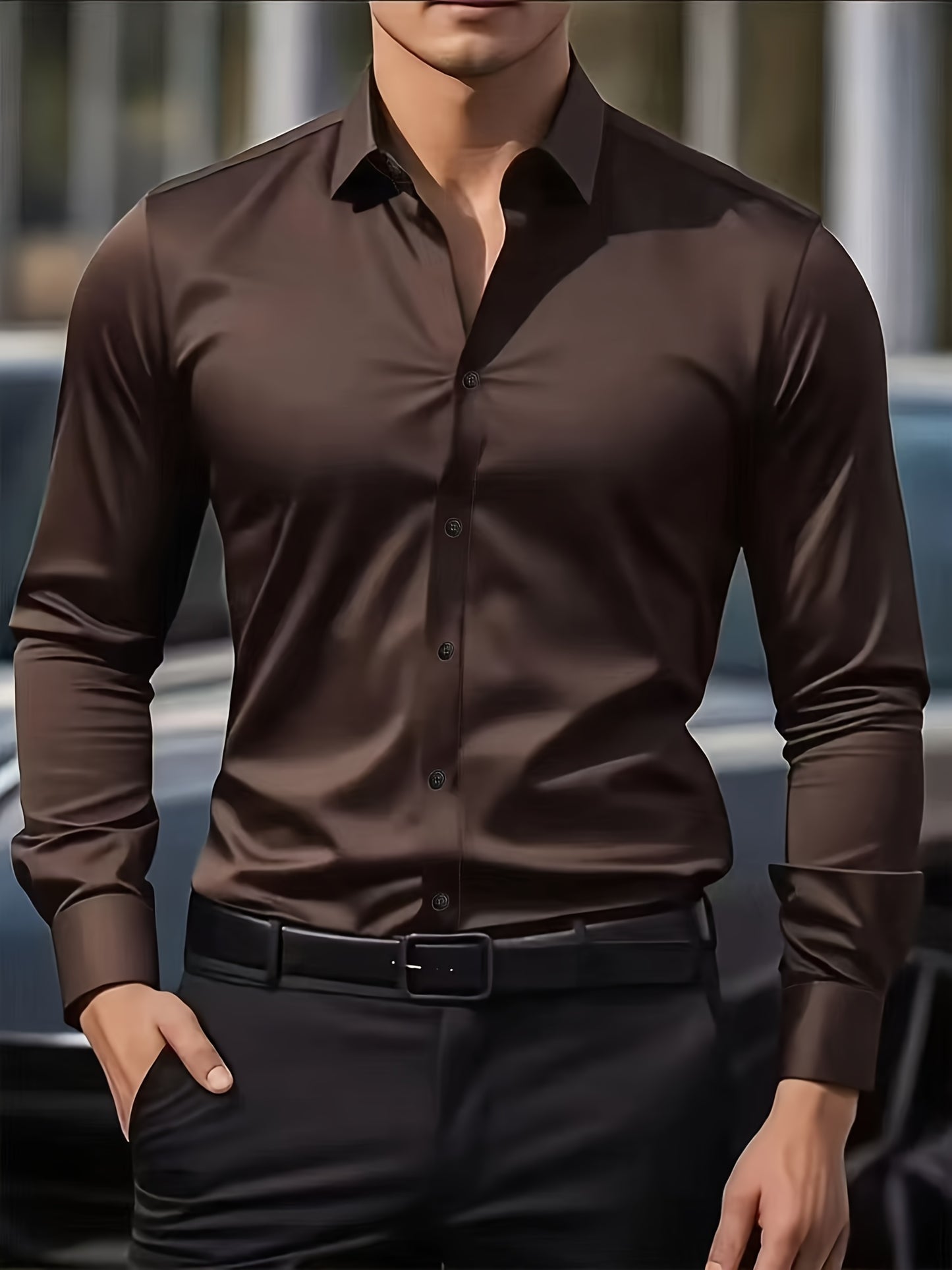 Men'S Formal & Business Casual Long Sleeve Shirt - Classic Point Collar Button-Up Blouse, Loose Fit Non-Stretch Fabric, All-Season Office & Everyday Formal Attire in Classic Colors (White, Brown, Black) - Easy Care Profession