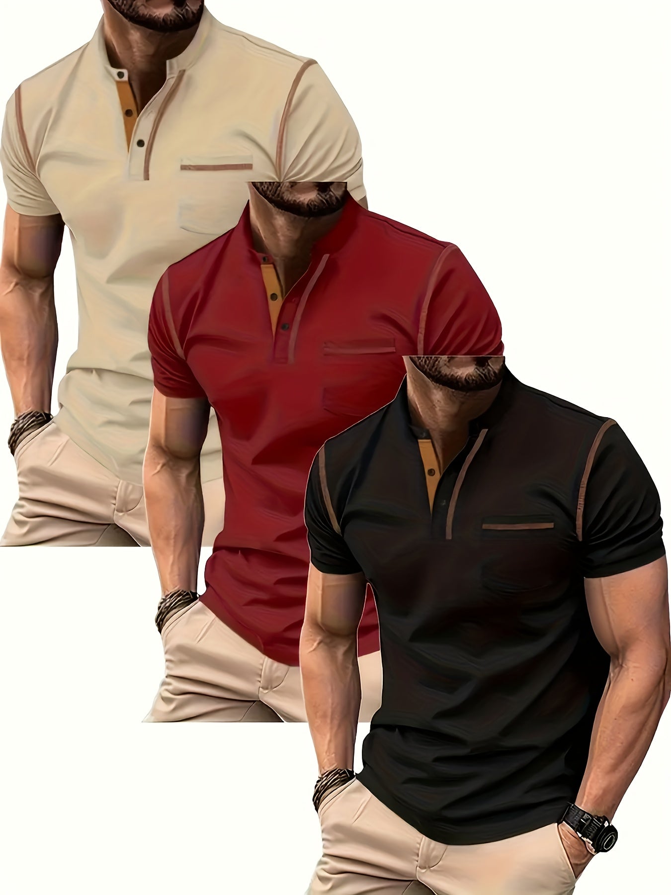 3pcs Men's Slim-Fit Golf & Tennis Shirts Breathable Stretchy Short Sleeve Contrast Collar All-Season Non-Sheer Sportswear Set