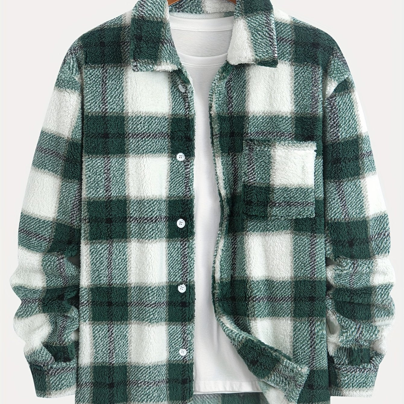 1pc Men's Plush Fleece Jacket with Green/White/Black Plaid Pattern - Double-Sided Collar & Lapel, Button-Front Closure, Regular Fit Long Sleeve Coat for Autumn/Winter, Casual & Semi-Formal Wear (Hand Washable)