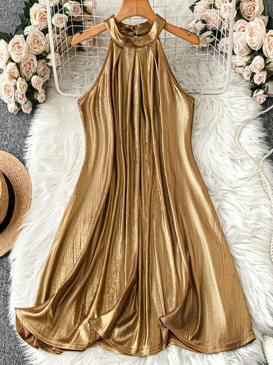 Women'S Golden Metallic Halter Neck Dress, Sleeveless Pleated A-Line Swing Dress for Cocktail Party Evening Formal Wear