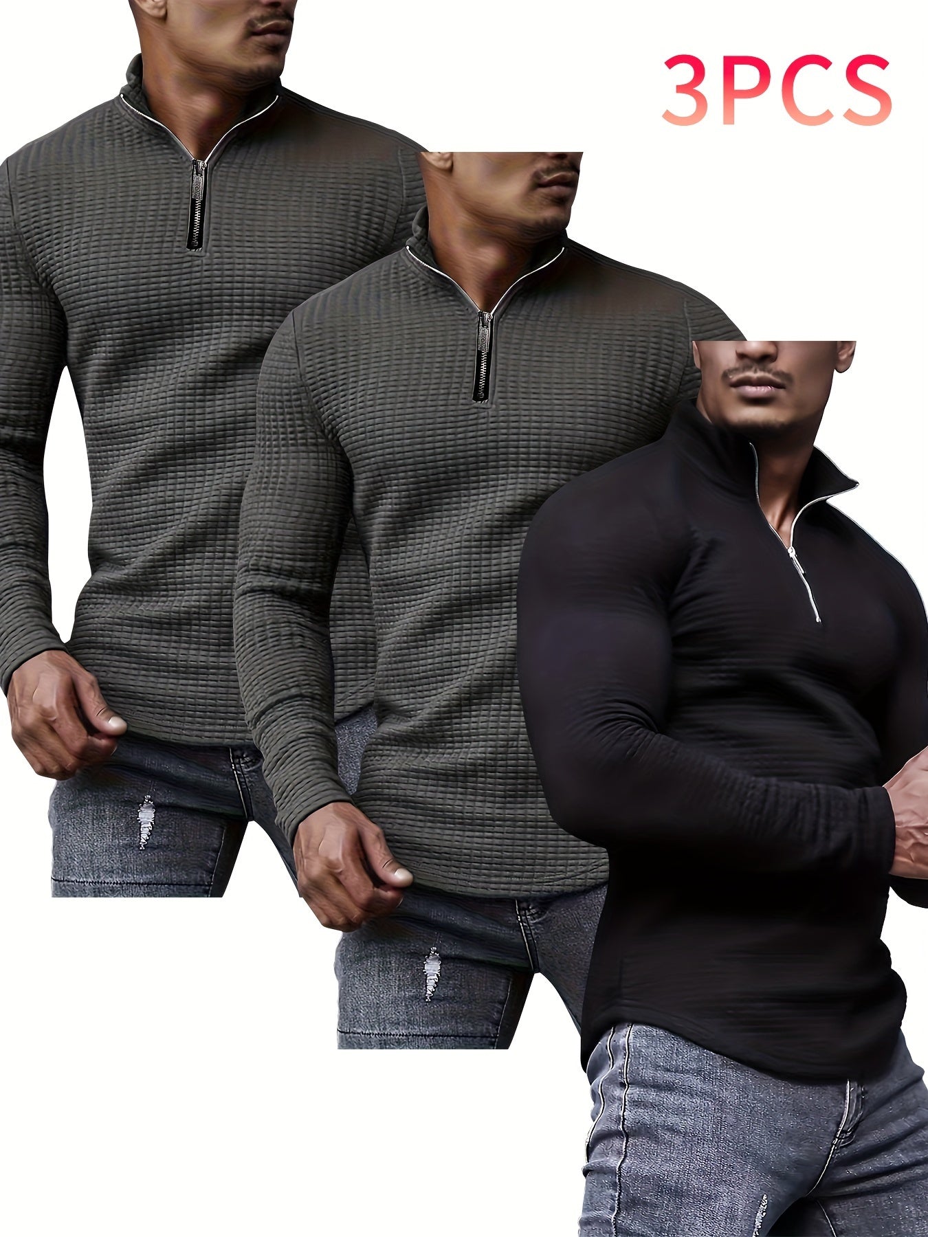 3pcs Men's Waffle Knit Zip-Up Collar Sweatshirts - Solid Color, Stretch Fabric, Machine Washable for Spring, Fall, and Winter