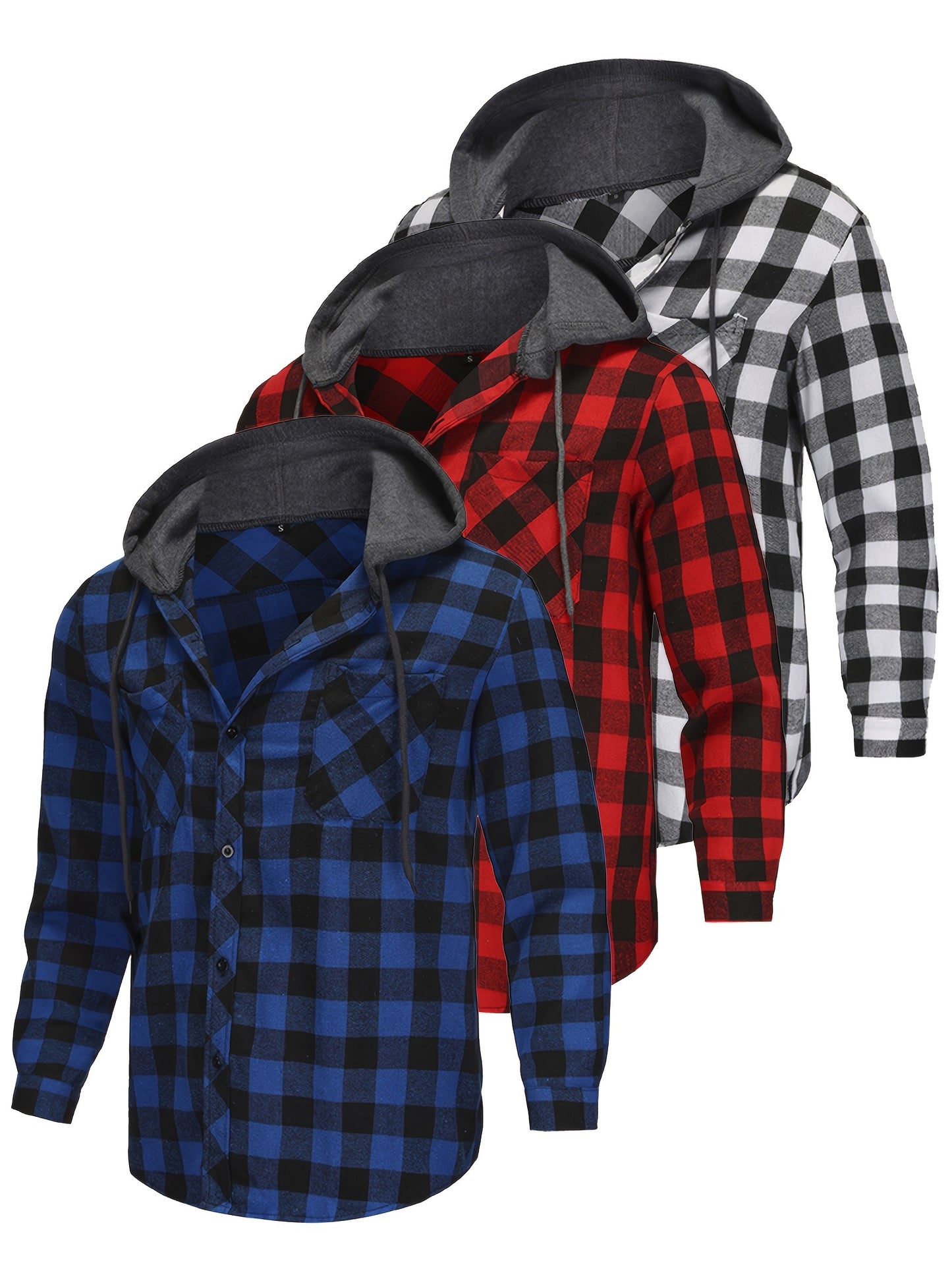 Black/Red/Blue 3 Pack Men's Flannel Hoodie Shirts - Casual Button- Long Sleeve Hooded Jackets with Pockets, Machine Washable, Regular Fit, Solid Color, Everyday Comfort Apparel, Plaid Pattern Design, Nonstretch Fabric
