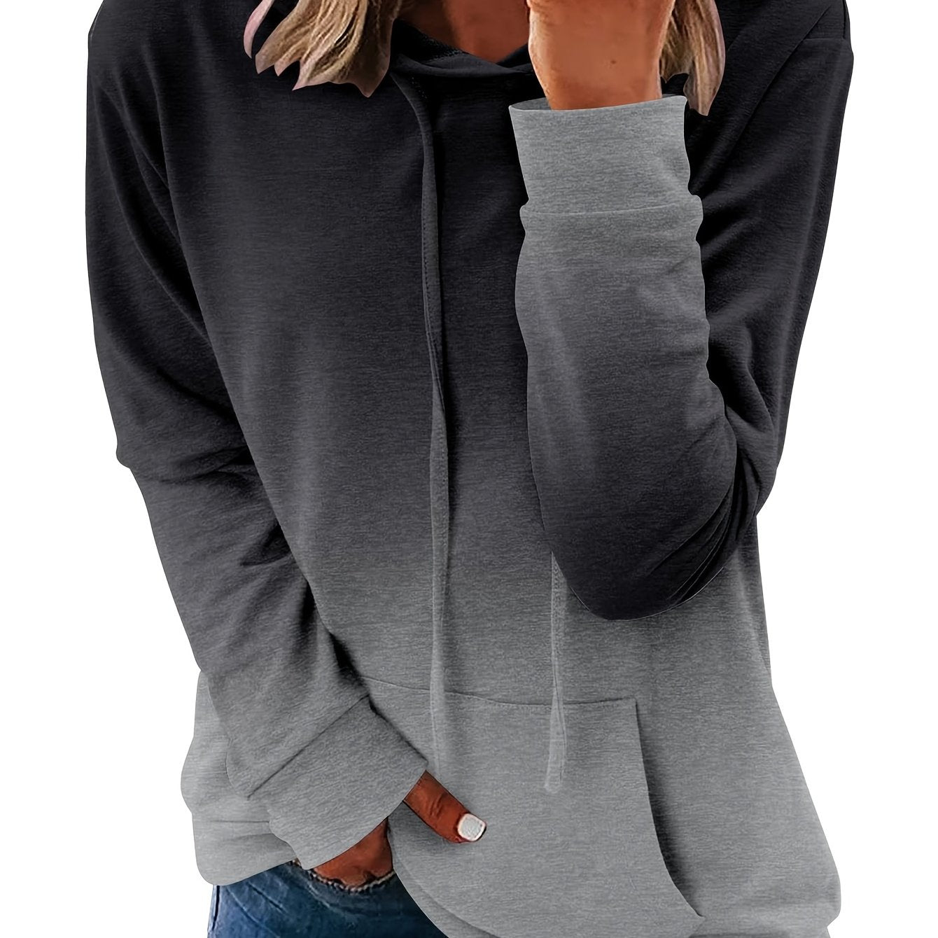 Women's All-Over Print Hooded Sweatshirt - Oversized Long Sleeve Winter Hoodie with Drawstring Hood & Front Pocket, Casual Grey & Black Sweater Jacket (Machine Washable) for Fall and Winter Layering