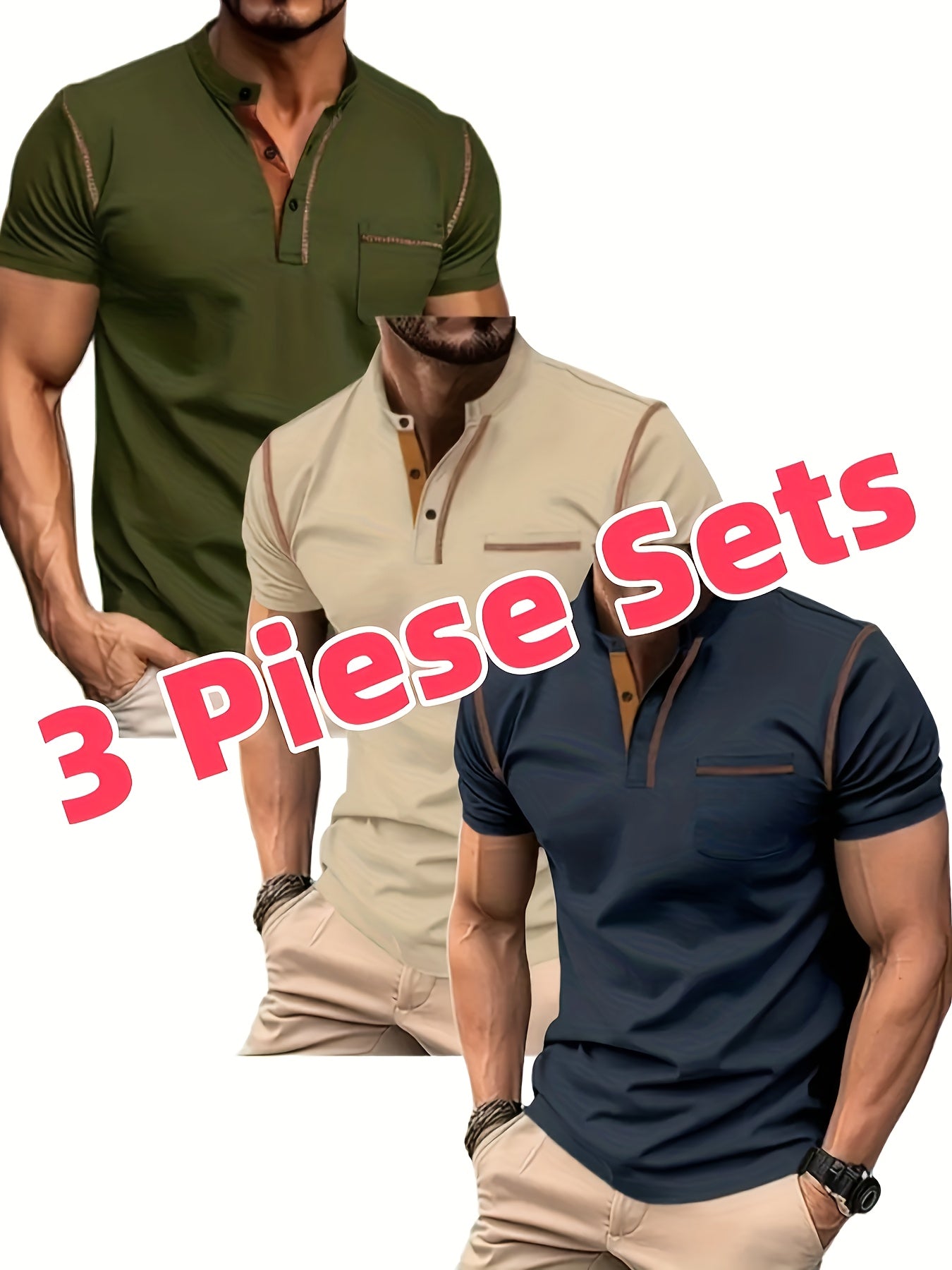 3pcs Men's Slim-Fit Golf & Tennis Shirts Breathable Stretchy Short Sleeve Contrast Collar All-Season Non-Sheer Sportswear Set
