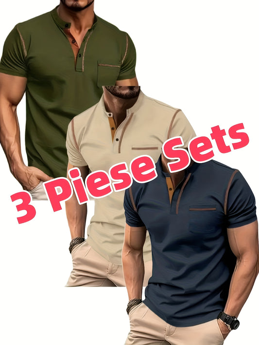 3pcs Men's Slim-Fit Golf & Tennis Shirts Breathable Stretchy Short Sleeve Contrast Collar All-Season Non-Sheer Sportswear Set