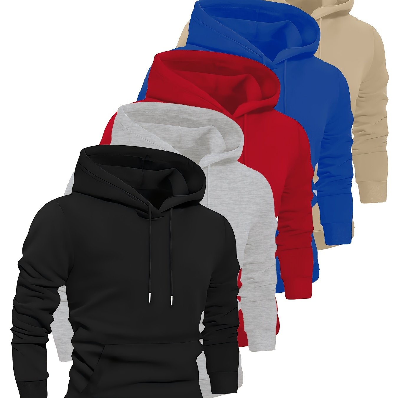 5pcs Men'S Heavyweight 250g Polyester Hoodies - Full-Zip Athletic Pullover with Geometric Print, Minimalist Design & Front Pocket, All-Season Layering Essentials in Black & Multi-Colors (Beige, Blue, Red, White, Navy) | Machi