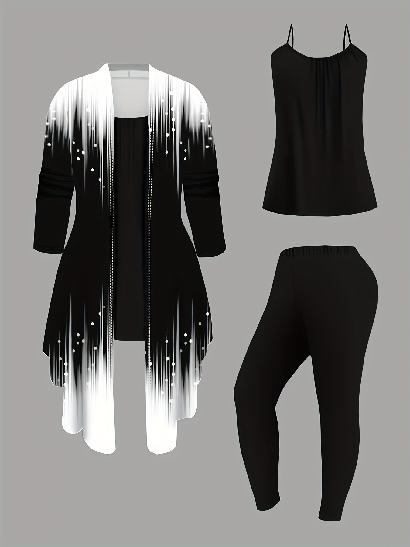 3pcs Women'S Casual Ombre Print Sweater Set - Black & White Gradient Cardigan, Sleeveless Top, and Leggings with Zipper Detail, Polyester Blend, Spring/Summer Fashion, Casual Wear|Ombre Print Top|Zipper Detail, Sweater Set